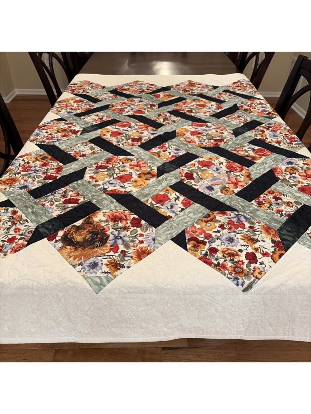 VTG Handmade Patchwork Quilt Blanket Pickup Sticks 52x64" Colorful Floral Cat